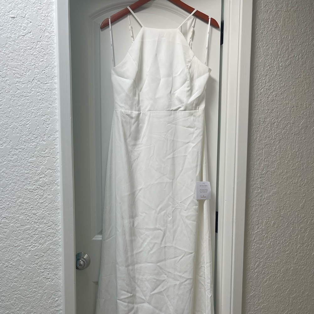 Lulu’s Love and Happiness White Button Back Mermaid Maxi Dress.